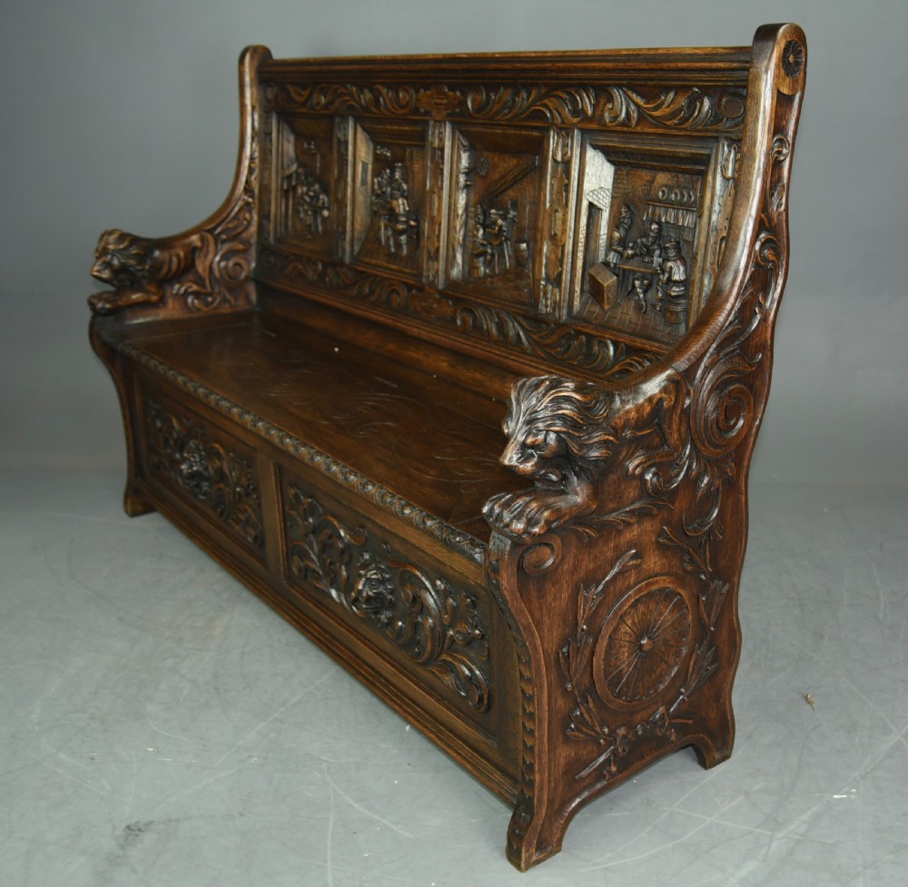 Large carved oak hall bench settle  View II
