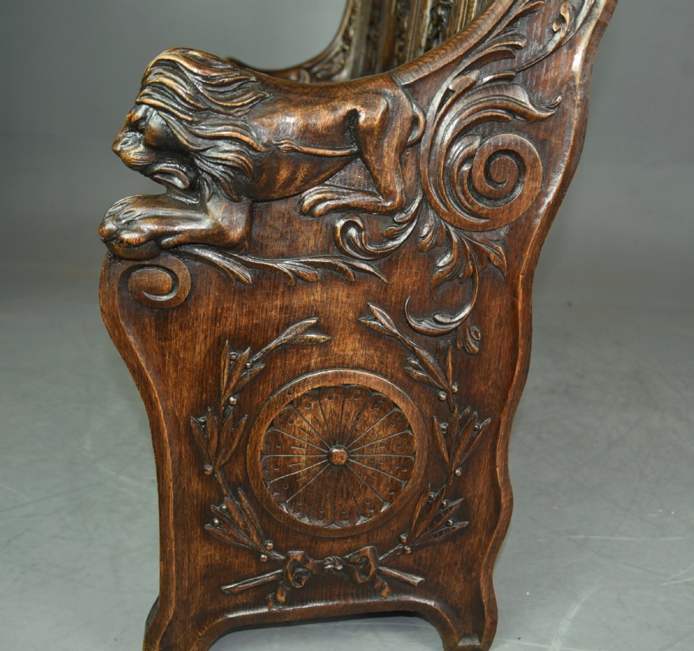 Large carved oak hall bench settle  View III
