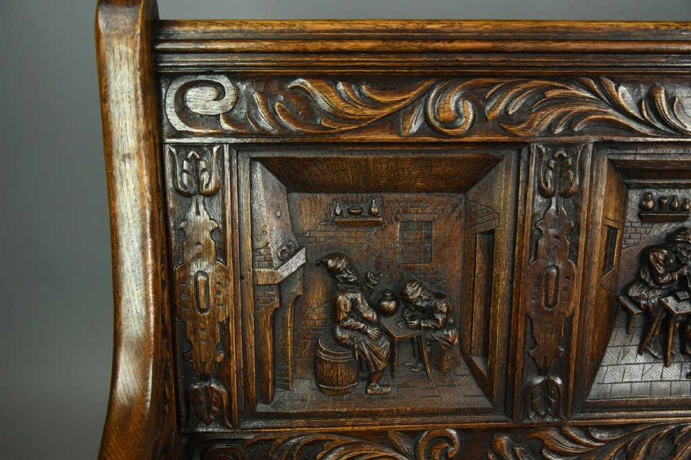 Large carved oak hall bench settle  View IV