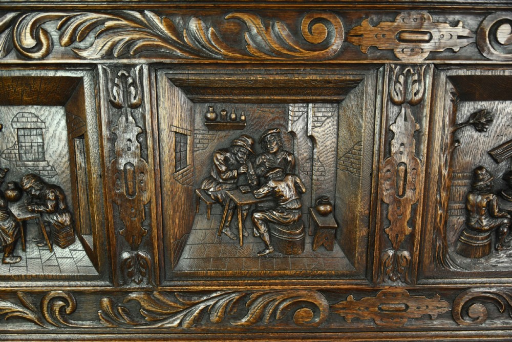 Large carved oak hall bench settle  View V