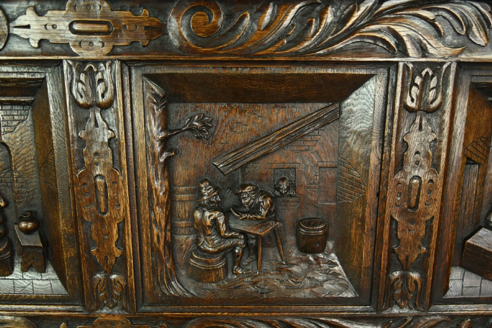 Large carved oak hall bench settle  View VI