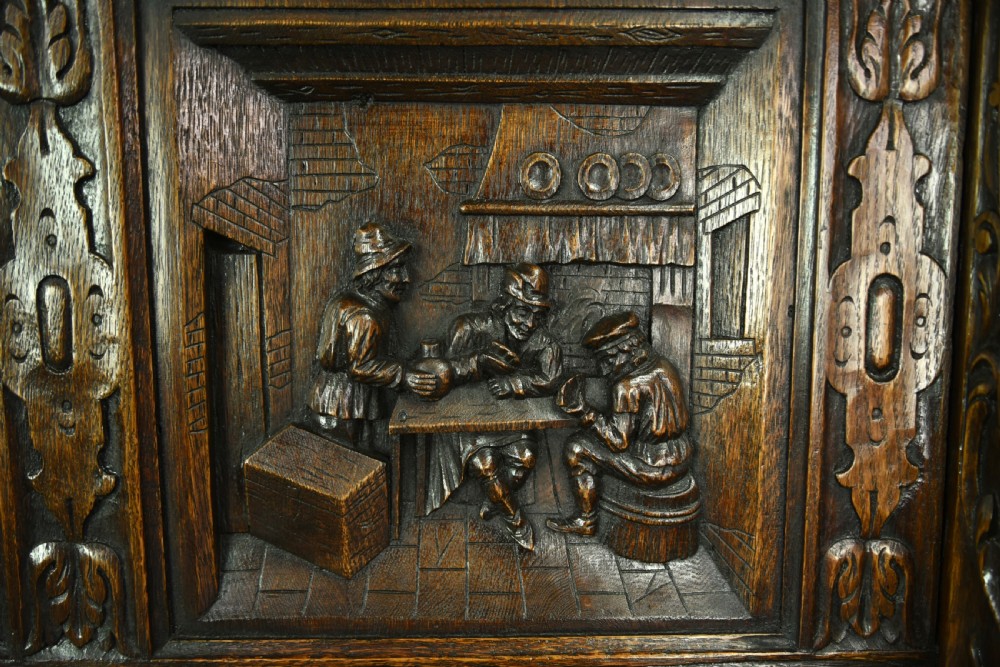 Large carved oak hall bench settle  View VII