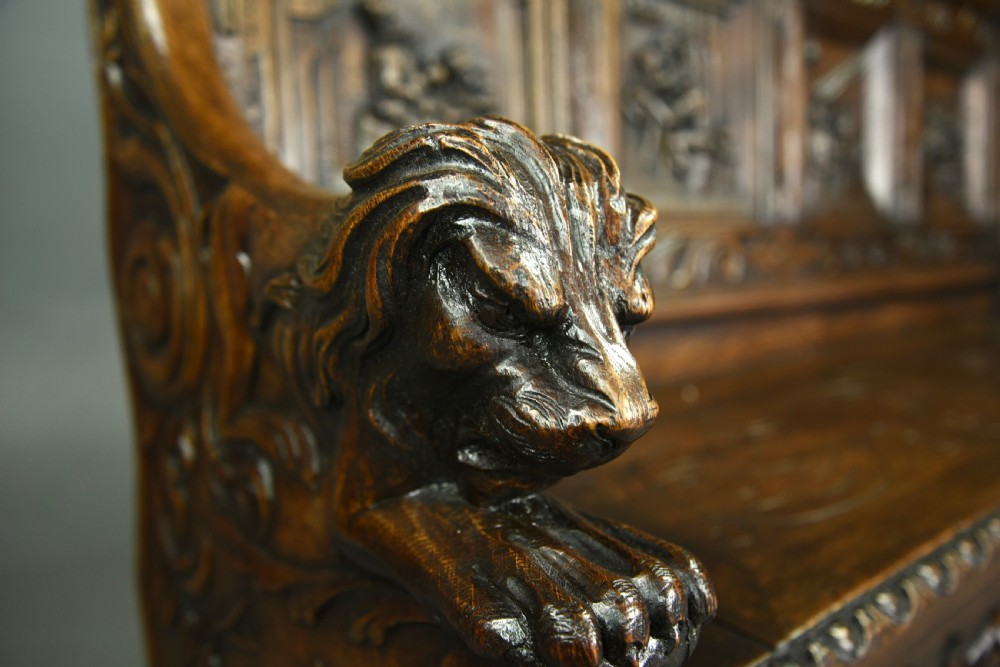 Large carved oak hall bench settle  View VIII