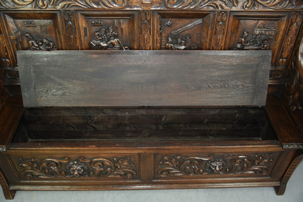 Large carved oak hall bench settle  View IX