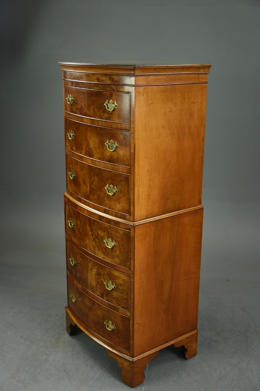 Georgian style walnut bow front chest of drawers tallboy  View II