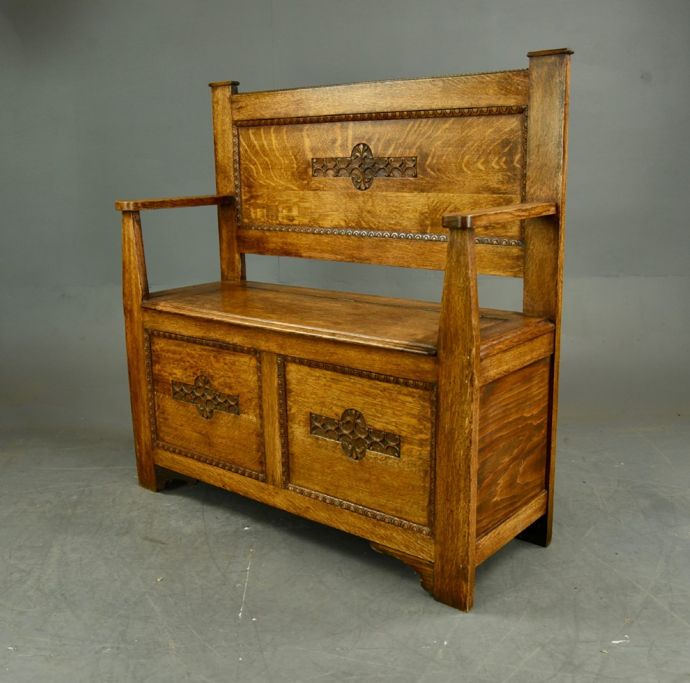 Arts and crafts carved oak hall bench   View III