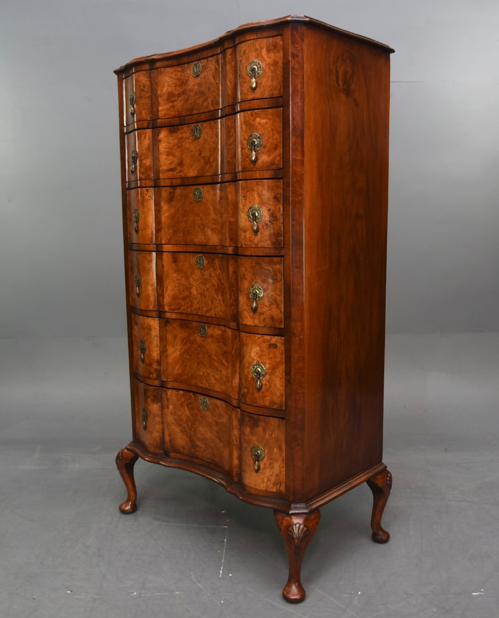 Bur walnut  Queen Anne style tall boy chest of drawers  View II