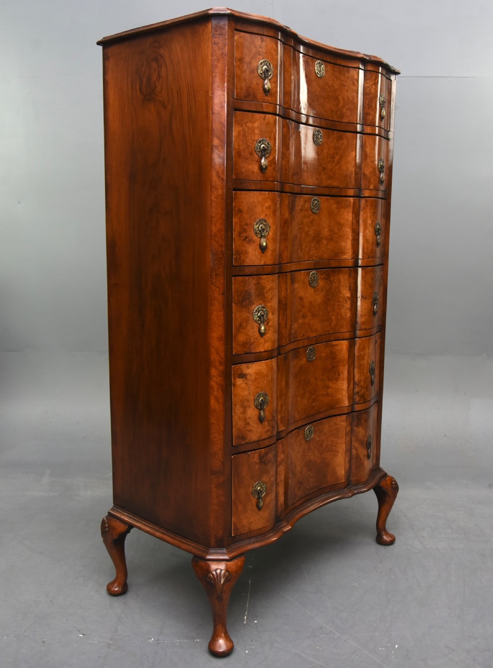 Bur walnut  Queen Anne style tall boy chest of drawers  View III