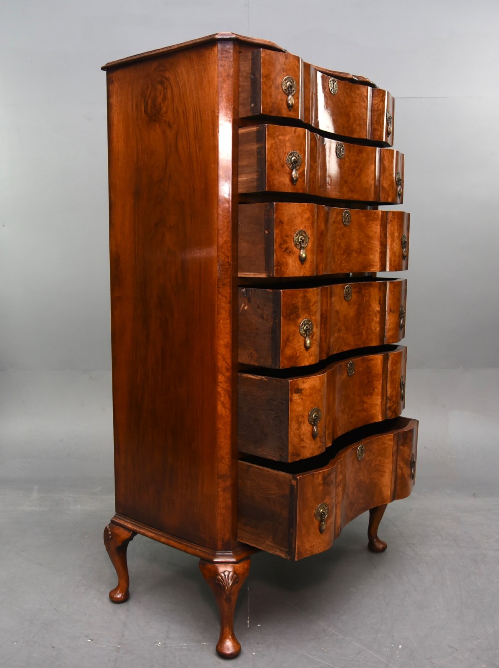 Bur walnut  Queen Anne style tall boy chest of drawers  View IV