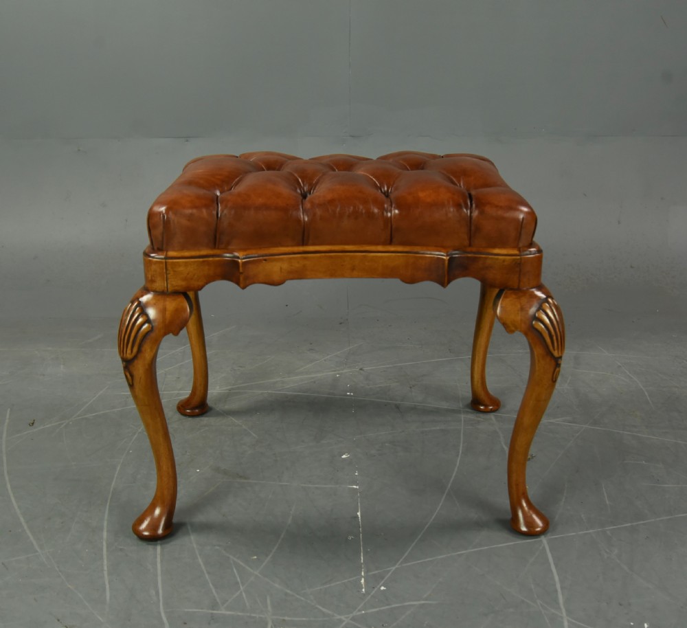 Queen Anne style walnut leather stool  View II