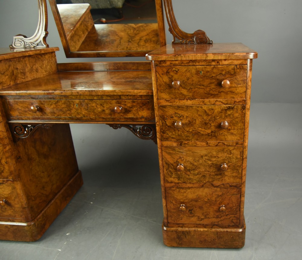 Victorian burr walnut pedestal dressing table by Heals & son London  View IV