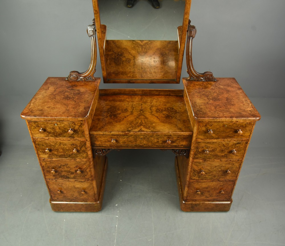Victorian burr walnut pedestal dressing table by Heals & son London  View V