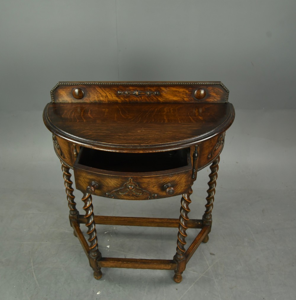 Edwardian oak Demi lune hall table  View VI