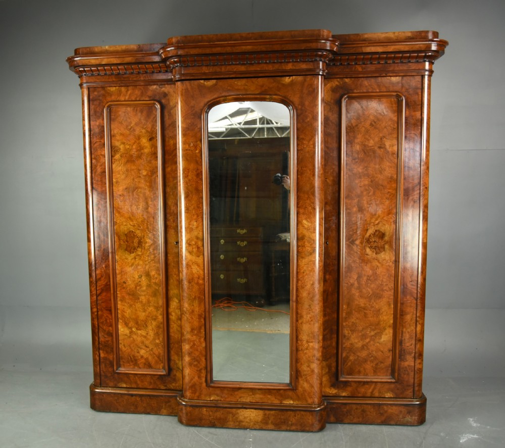 Victorian Burr walnut breakfront compactum triple wardrobe 