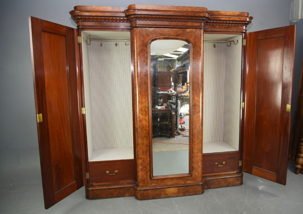 Victorian Burr walnut breakfront compactum triple wardrobe  View II