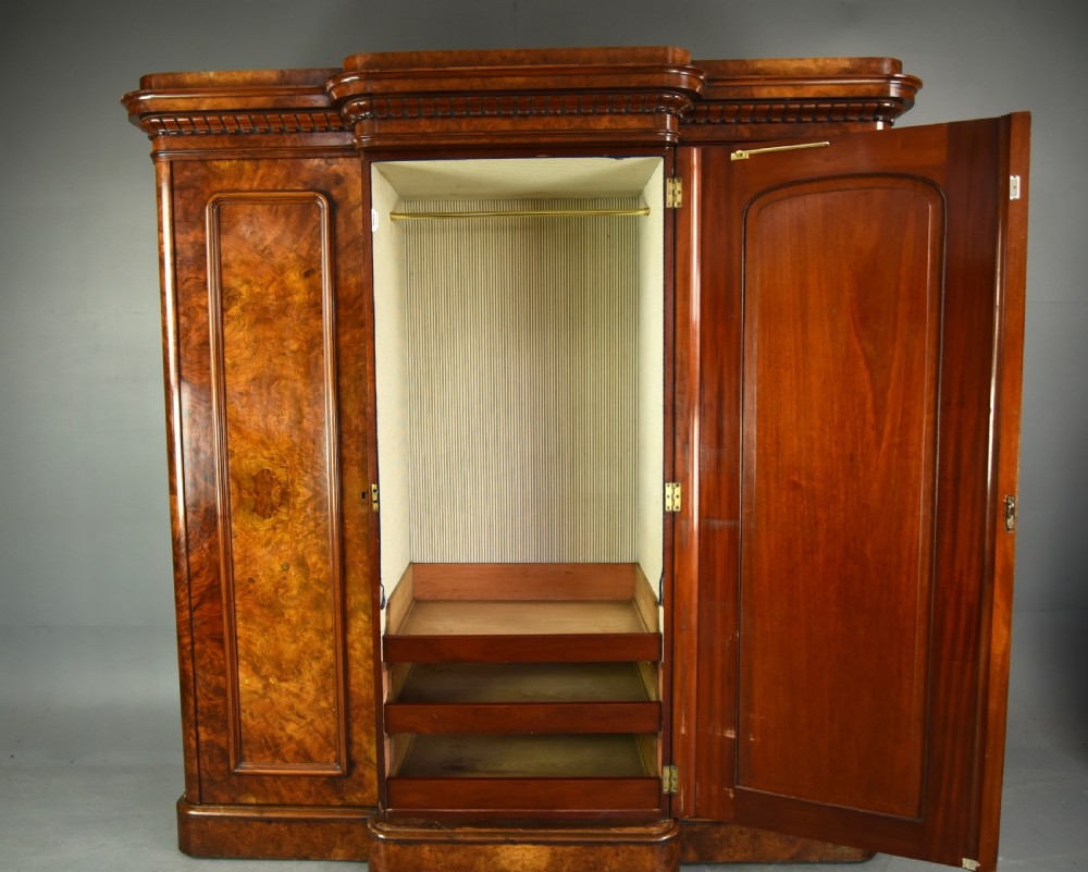 Victorian Burr walnut breakfront compactum triple wardrobe  View III