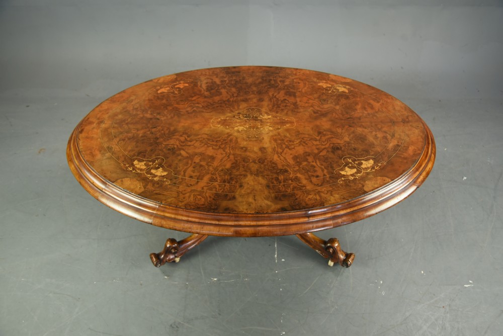 Victorian burr walnut inlaid coffee table  View II