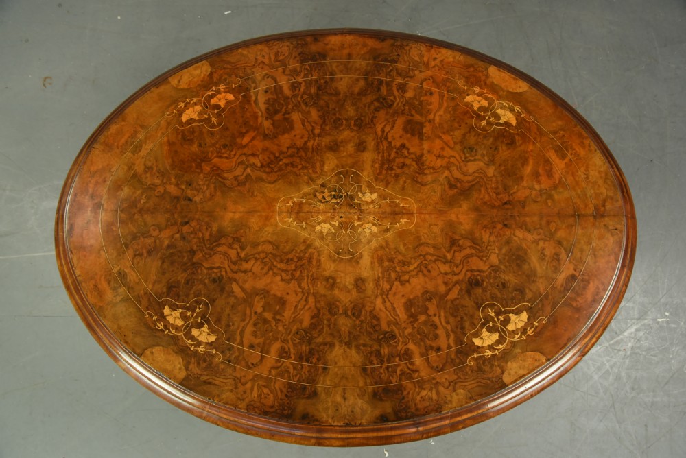 Victorian burr walnut inlaid coffee table  View III