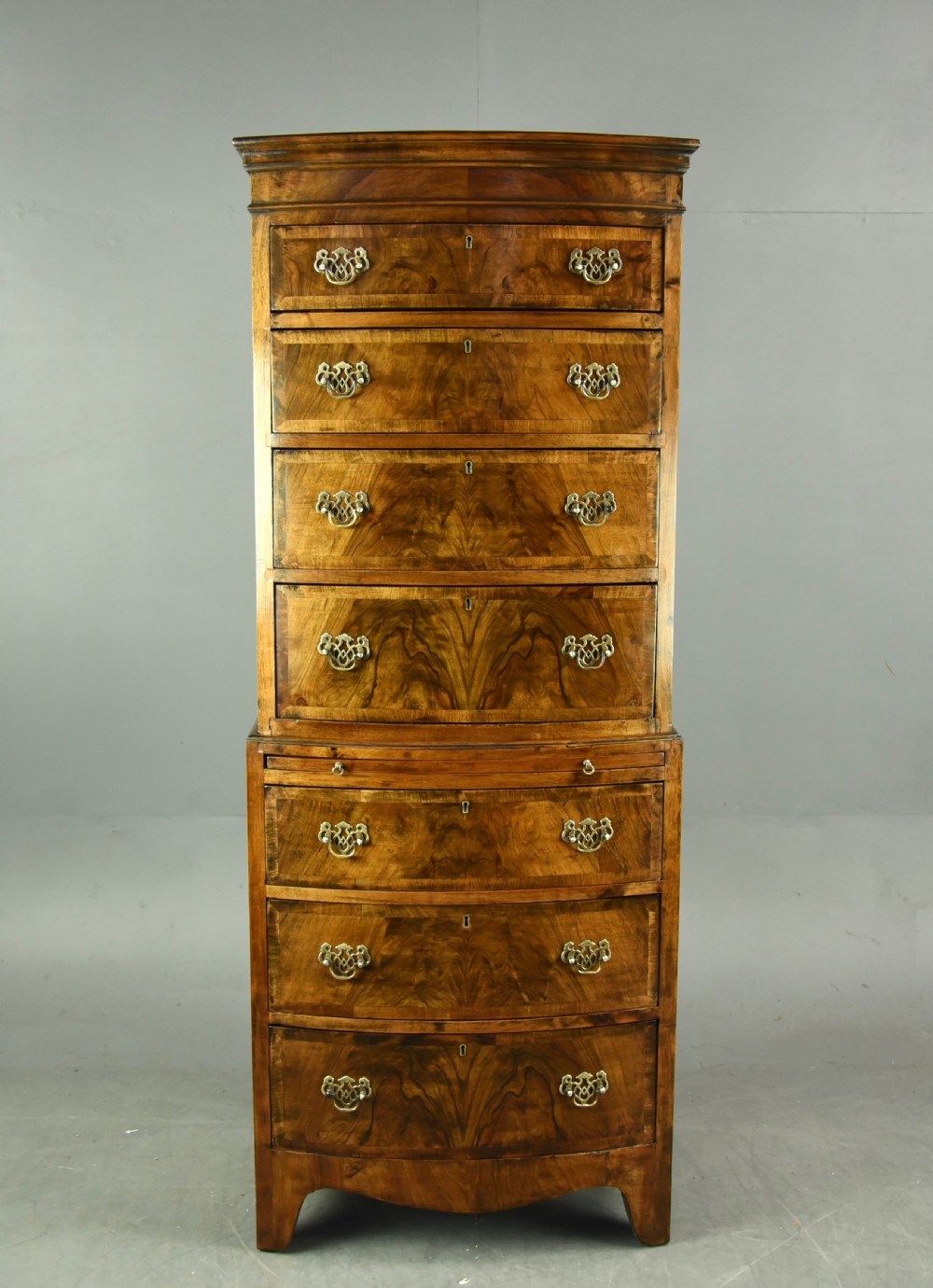 Queen Anne style walnut tall boy bow front chest of drawers 