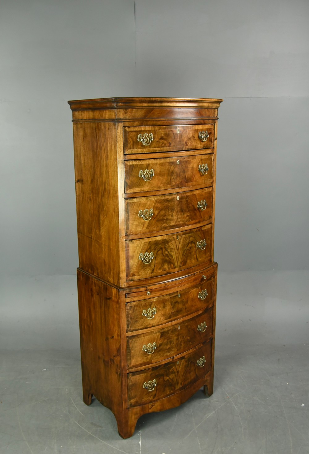 Queen Anne style walnut tall boy bow front chest of drawers  View II