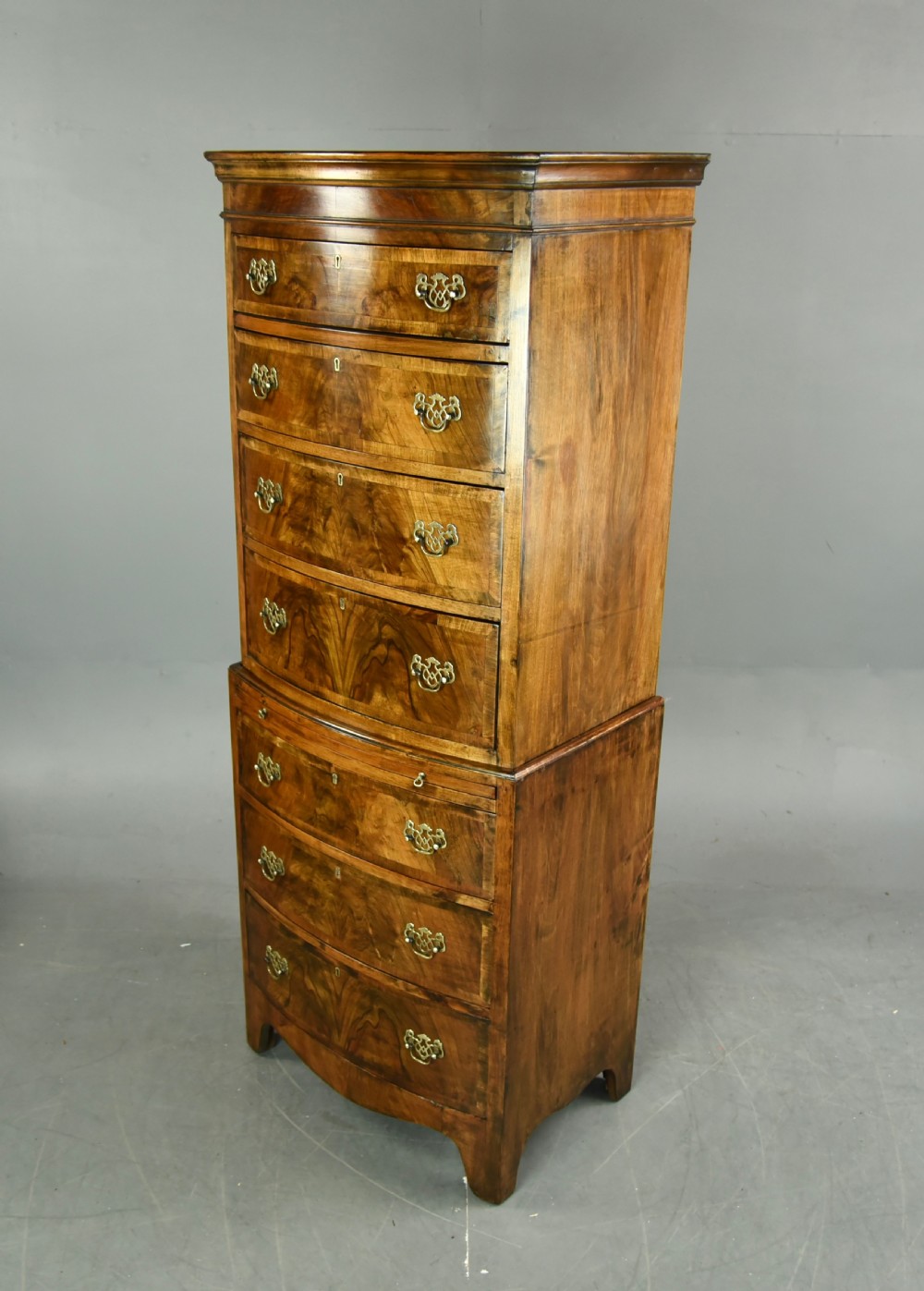 Queen Anne style walnut tall boy bow front chest of drawers  View III