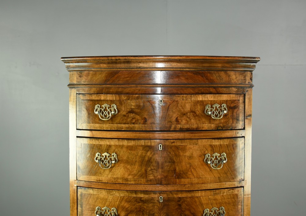 Queen Anne style walnut tall boy bow front chest of drawers  View IV