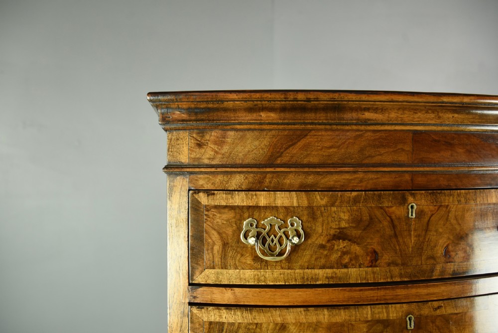 Queen Anne style walnut tall boy bow front chest of drawers  View V