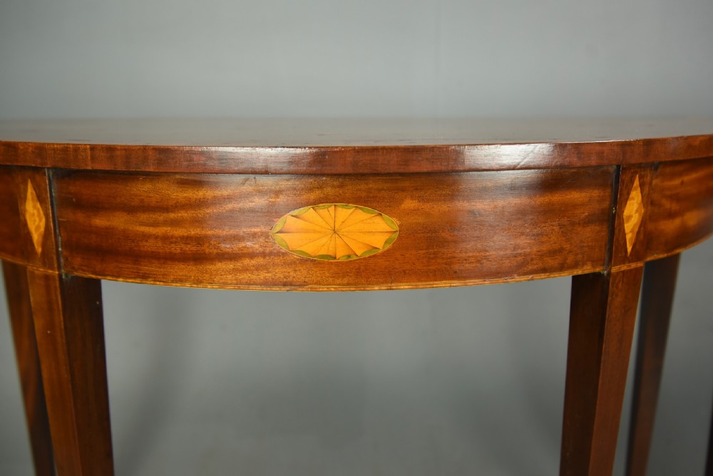 Pair of 19th century mahogany Demi lune console tables  View V