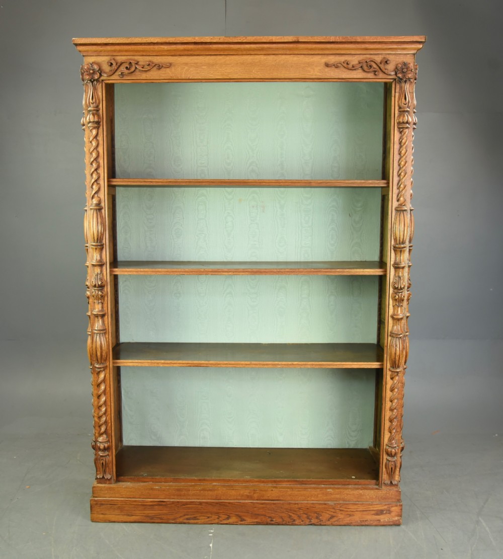 Victorian carved oak open bookcase  View II