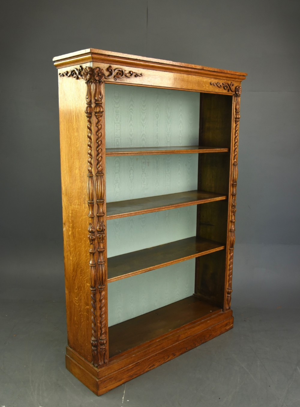 Victorian carved oak open bookcase  View III