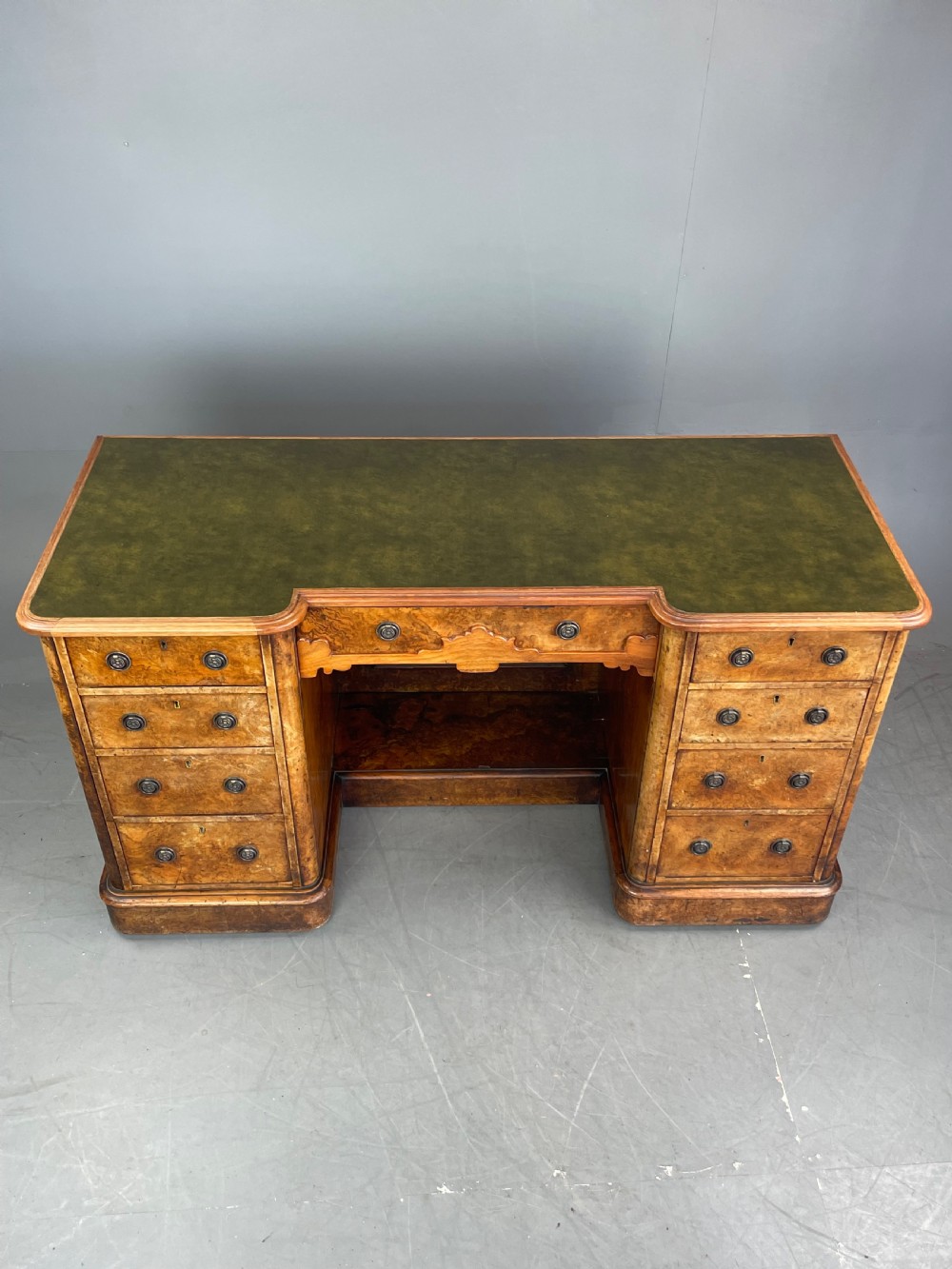 Victorian burr walnut pedestal desk  View X