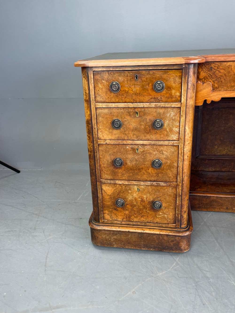 Victorian burr walnut pedestal desk  View XII