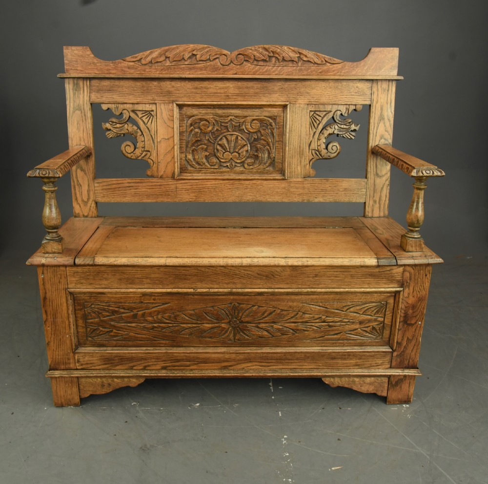 Carved oak hall bench 