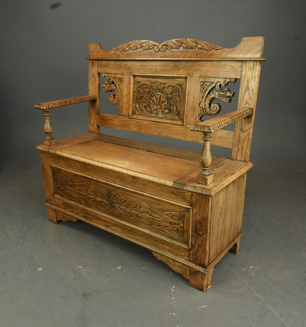 Carved oak hall bench  View II