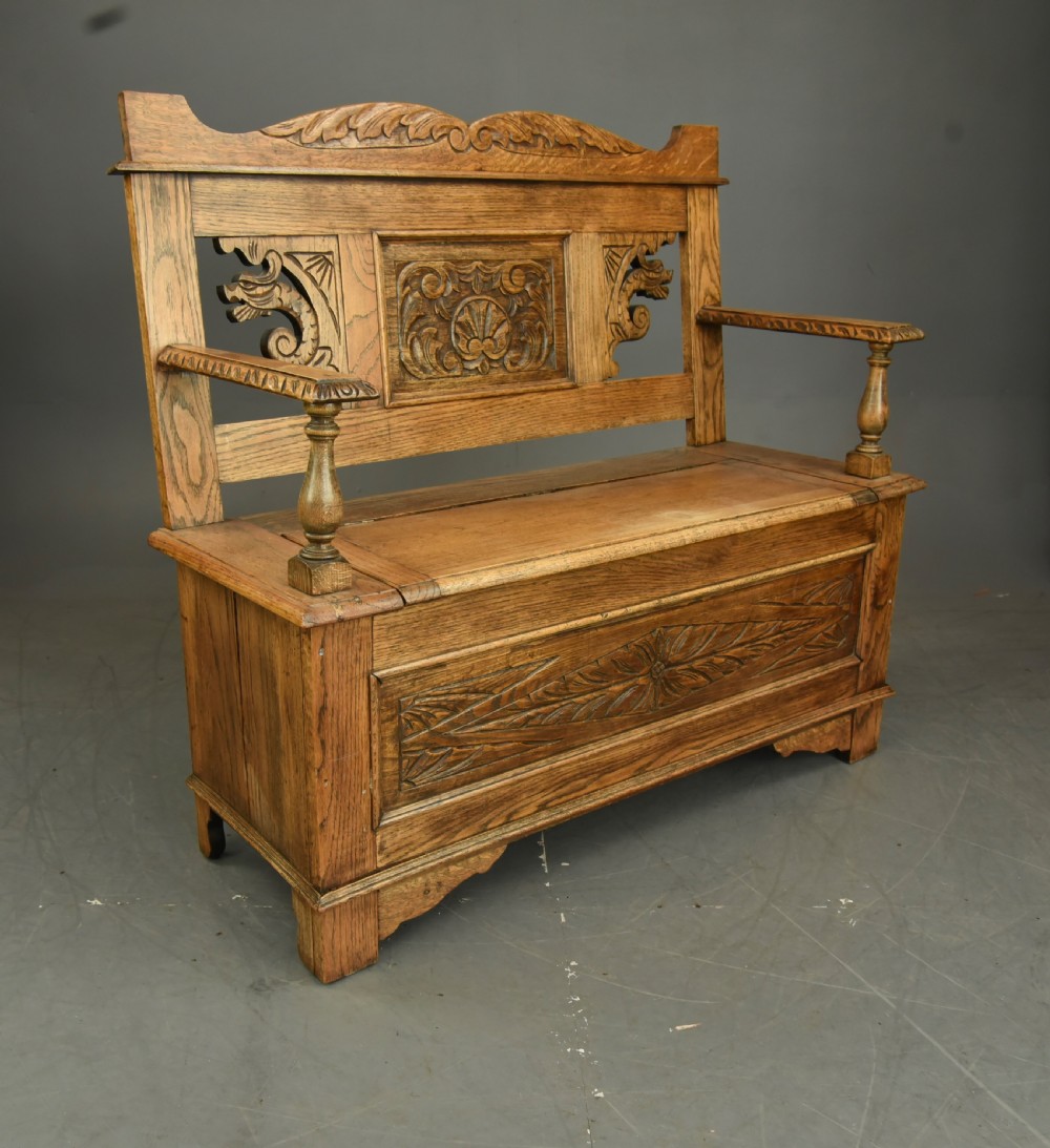 Carved oak hall bench  View III