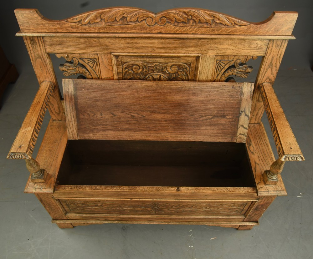Carved oak hall bench  View VI