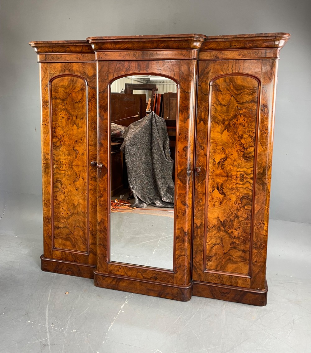 Victorian burr walnut breakfront triple door wardrobe 