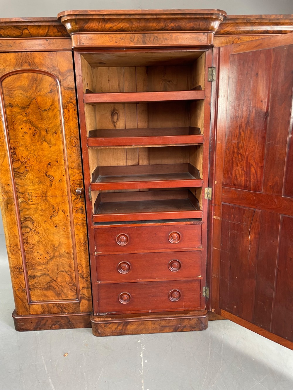 Victorian burr walnut breakfront triple door wardrobe  View VII