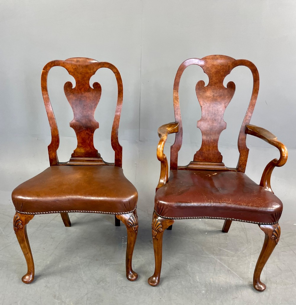 Burr walnut Queen Anne style dining table and eight chairs  View III