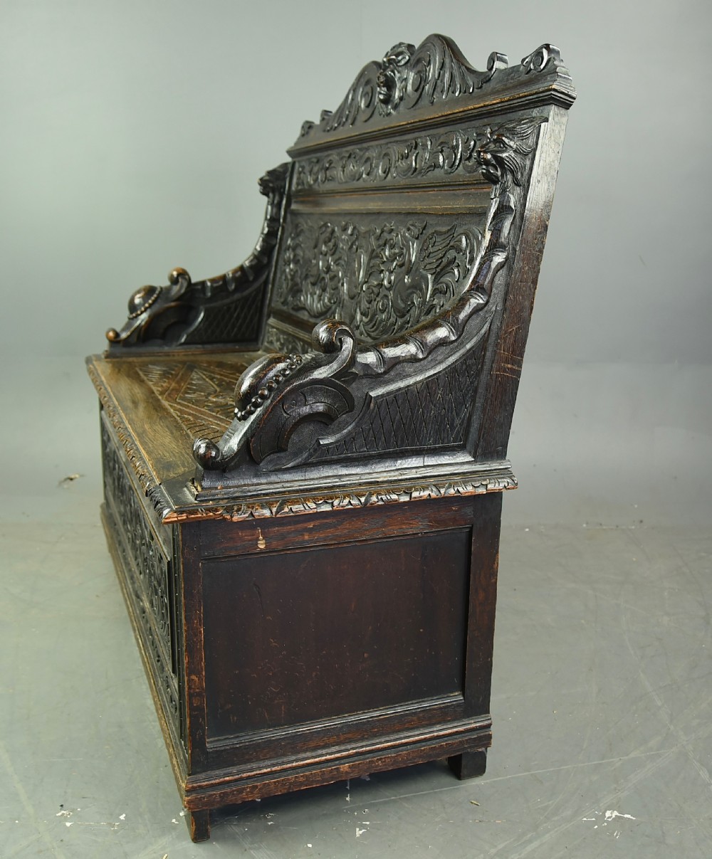 Carved oak hall bench  View V
