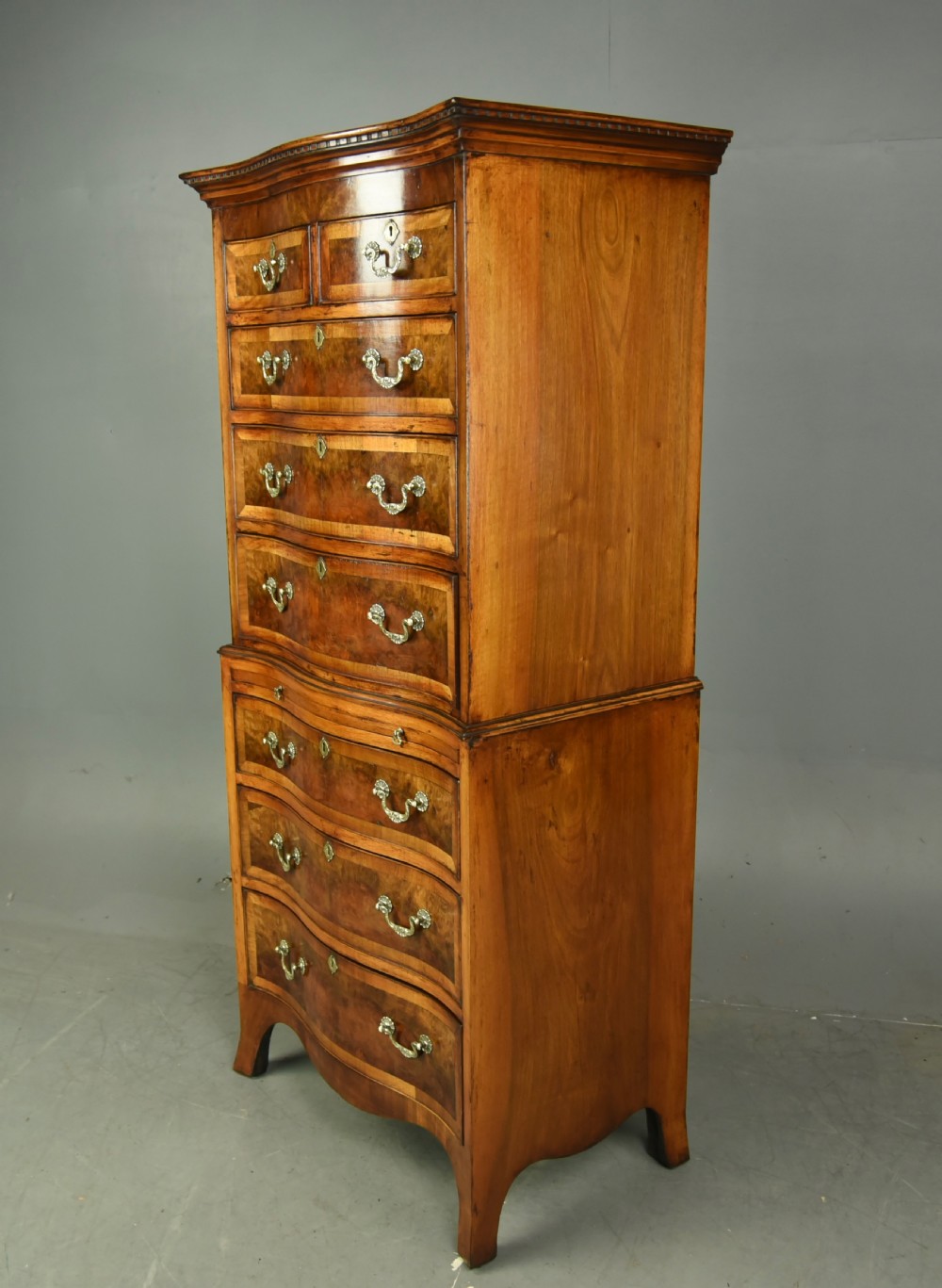 Walnut serpentine chest on chest tall boy  View IV