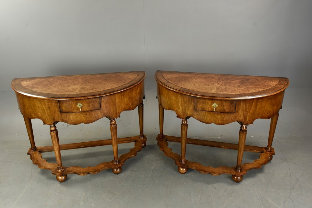 Fine pair of walnut Demi lune console tables  View II