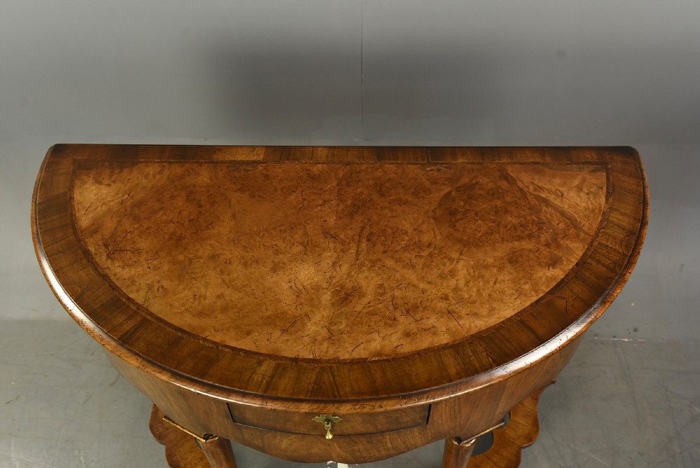 Fine pair of walnut Demi lune console tables  View V