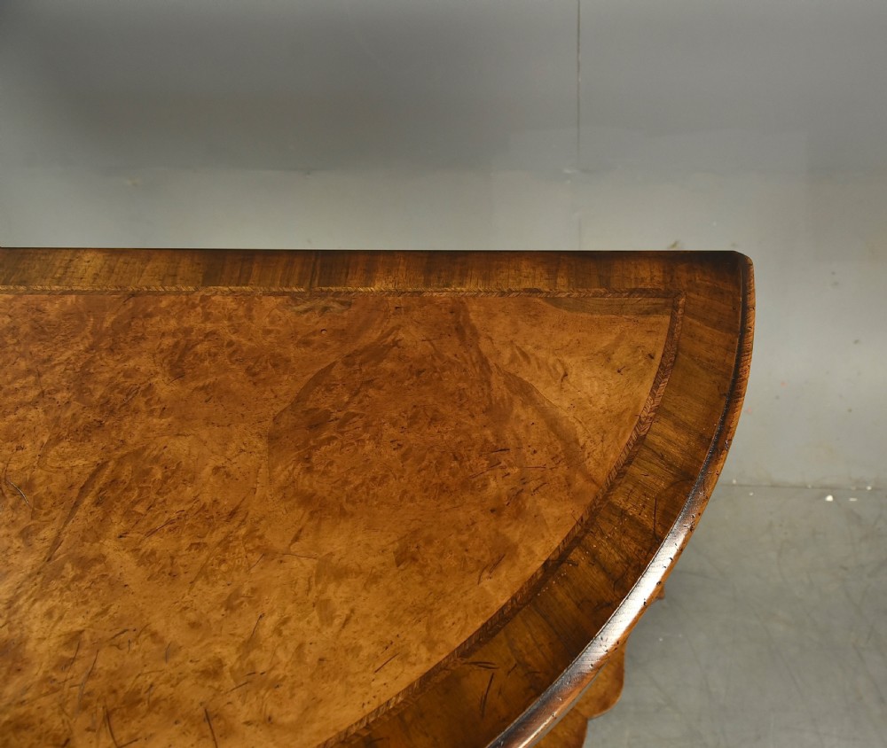 Fine pair of walnut Demi lune console tables  View IX