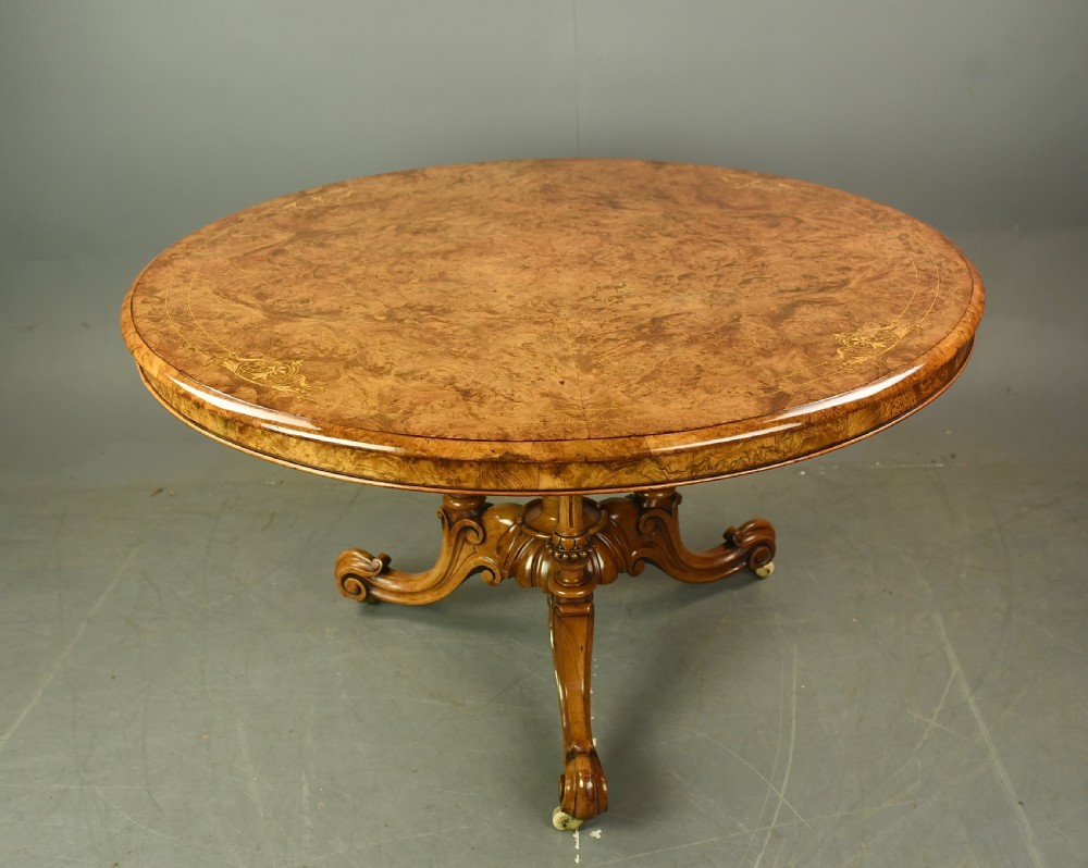 Antique round burr  walnut dining table  View III