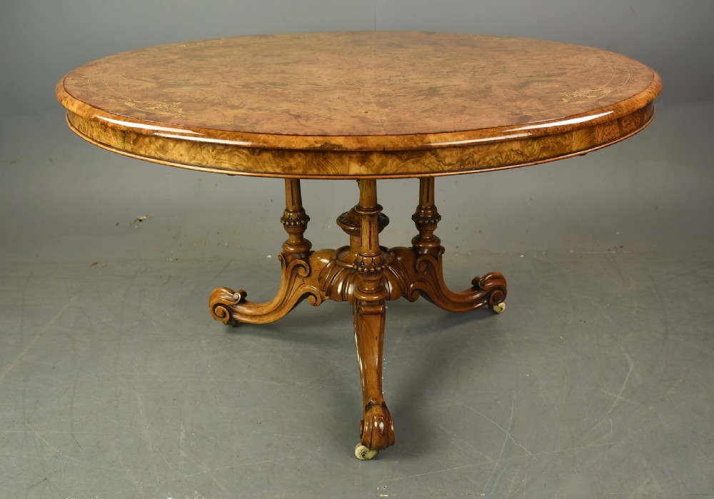Antique round burr  walnut dining table  View II