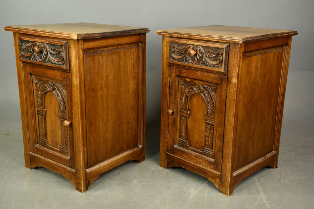 Pair of carved oak bedside cabinets  View II