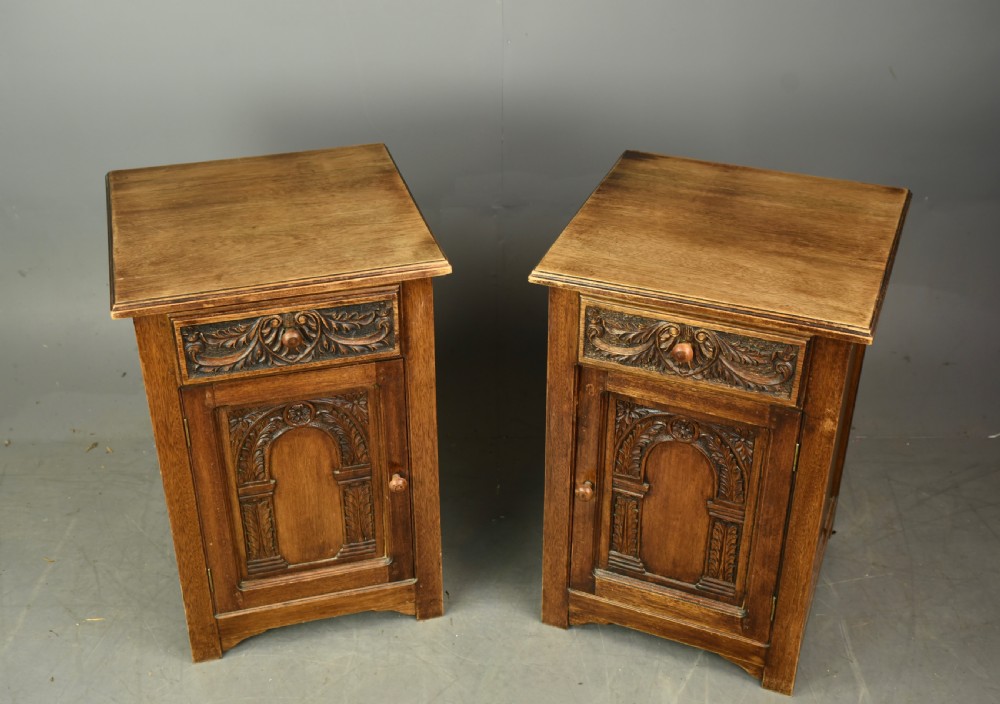 Pair of carved oak bedside cabinets  View V