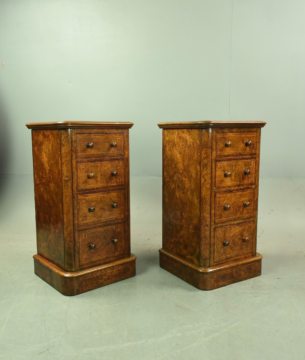 Pair of Victorian burr walnut bedside chests of drawers  View II