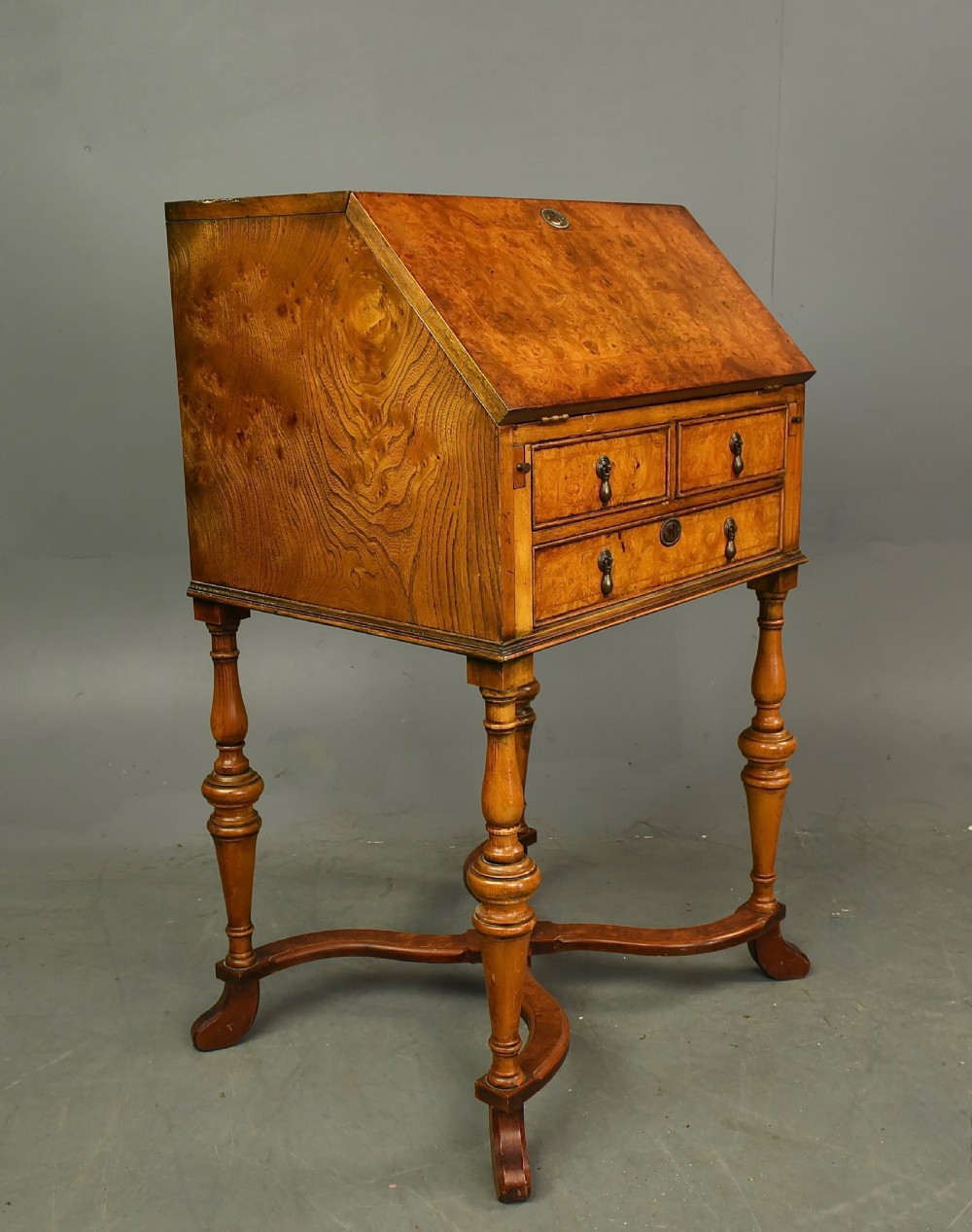 Queen Anne style burr walnut bureau  View III
